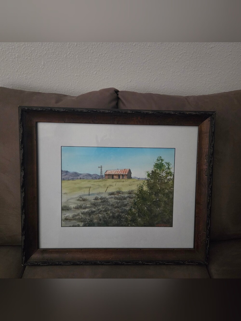 Mildred Tjeltweed Framed Rural Watercolor Landscape - Barn & Windmill